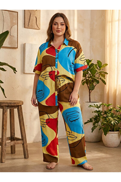 Finelook Women’s Plus Size Abstract Face Print Co-ord Set – 2-Piece Shirt & T...