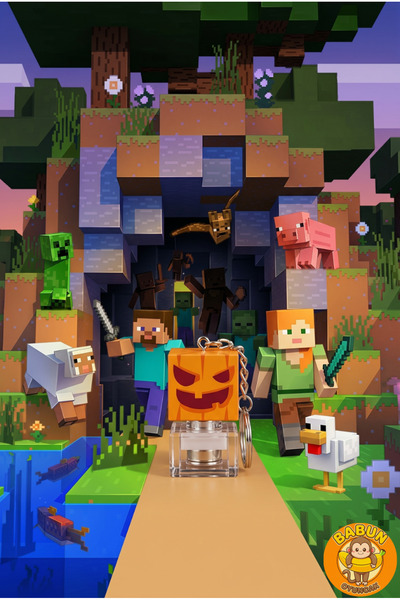 Babun Oyuncak Minecraft Temalı 4'lü Stres Oyuncağı Set - RGB Işıklı Mekanik Klavye Tuşu (Switch) Stres Oyuncağı Anahtarlık