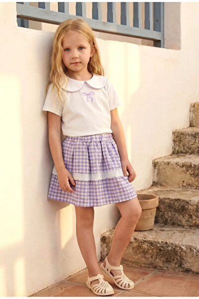 punicha Girl's Baby Collar Printed Lace Detailed Plaid Skirt Set