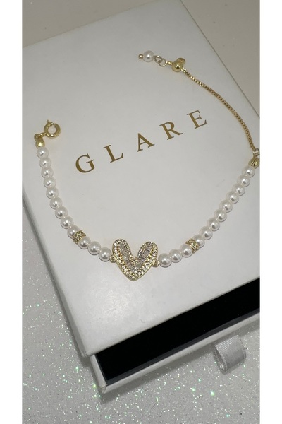 GLARE JEWELRY CO سوار من الفولاذ المقاوم للصدأ مرصع باللؤلؤ على شكل قلب 15+3 سم