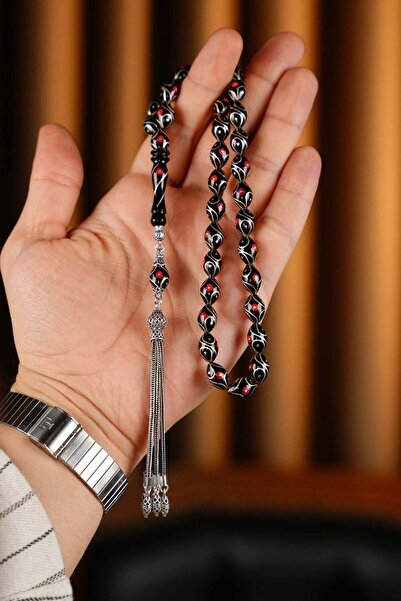 dergah tesbih Erzurum Oltu Stone Full Silver Coral Engraved Prayer Beads