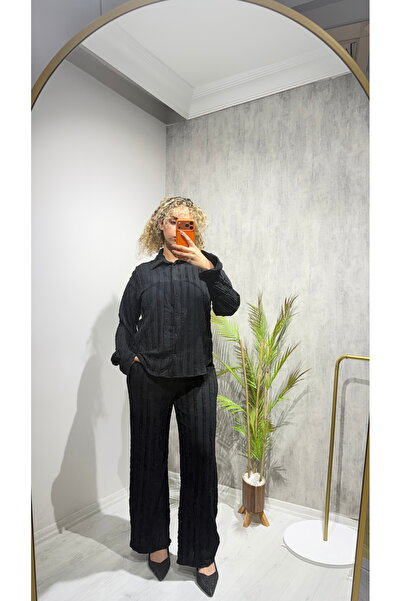 BELİS WEAR Women's Textured Fabric Shirt and Pants Set - Brown & Black Set