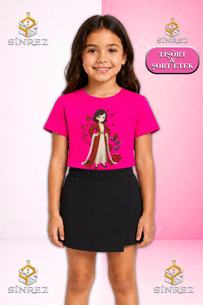 SİNREZ Set pentru fete JYN ANIME YORESEL Tricou cu mânecă scurtă imprimat Fus...