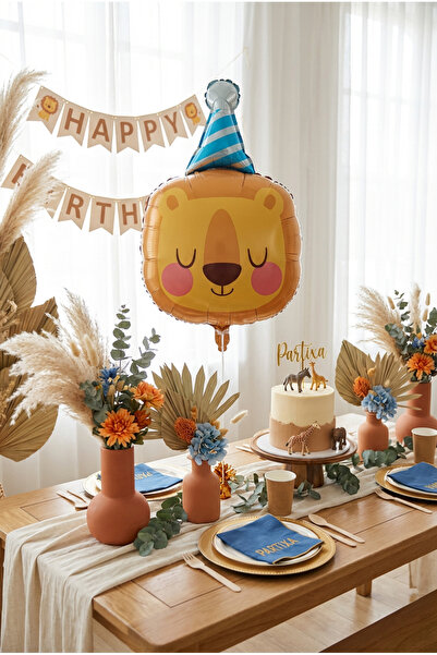 Partixa Şapkalı Safari Aslan Kafa Folyo Balon 76x49 cm Safari Temalı Çocuk Do...