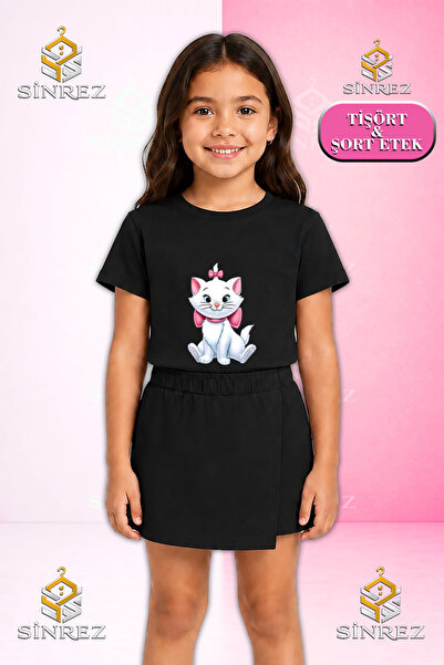 SİNREZ Set pentru fete CAT SITTING ON THE ROOF, tricou cu mânecă scurtă impri...