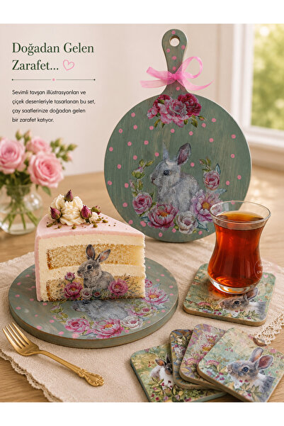 Sister Home Design Tavşan Desenli Ahşap Sunum Tahtası ve Bardak Altlığı Seti ...