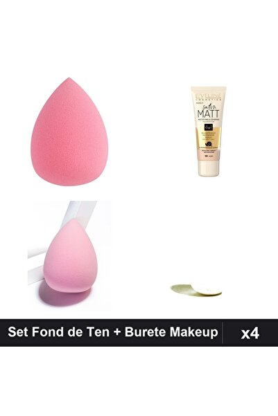 Makeup Set 4 Fond de Ten Eveline Satin Matt 101 Ivory 30ml + 3 Burete Make-up