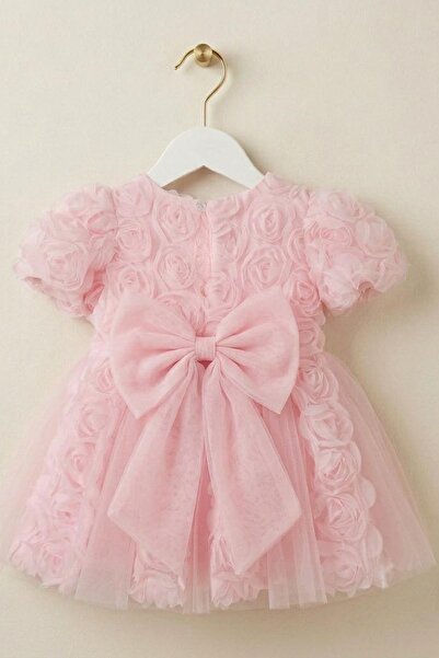 Minigimin Cicileri My Little One's Embossed Rose Bow Girl's Evening Dress - Pink