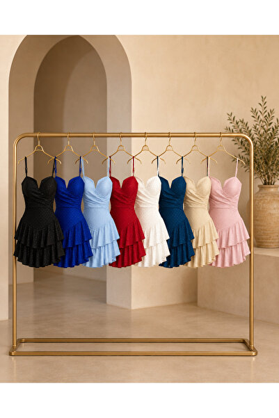 OEM Elegant short dress with thin straps, Draped bust and asymmetrical ruffles