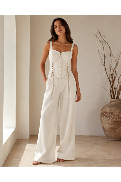 OEM Compleu dama elegant din in, doua piese, cu top corset si pantaloni largi...