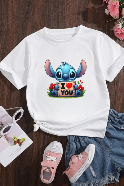 Canlook تي شيرت قطني مطبوع عليه I love You للفتيات من ستيتش