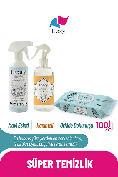 Clean & Shine Serisi Yüzey Temizlik Misti Mavi Esinti 500 ml | Clean & Fresh Serisi Hanımeli Oda Kokusu 500 ml | Clean & Cool Serisi Premium Yüzey Temizleme Havlusu Orkide Dokunuşu 1x100(100 Yaprak)
