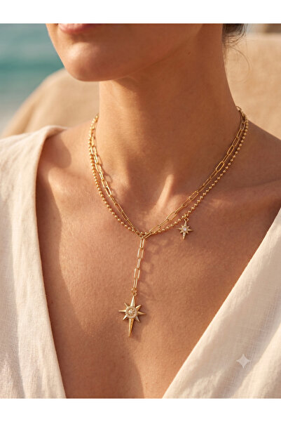 PABALAS Women's Gold 2 Layered Star Pendant Tarnish Resistant Brass Chain Nec...