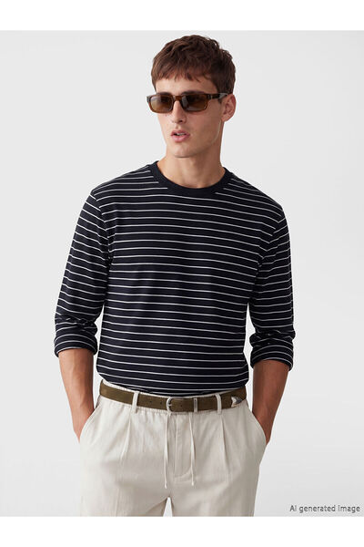 LC Waikiki Nevavm Men's Striped Sweatshirt with Oval Collar