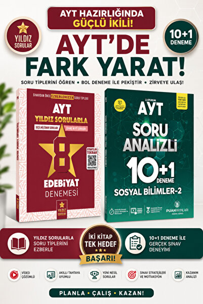 Yıldız Sorular Yayınları Ayt Edebiyat 8'li Deneme ve Puan Ayt Sosyal 2 10+1 D...