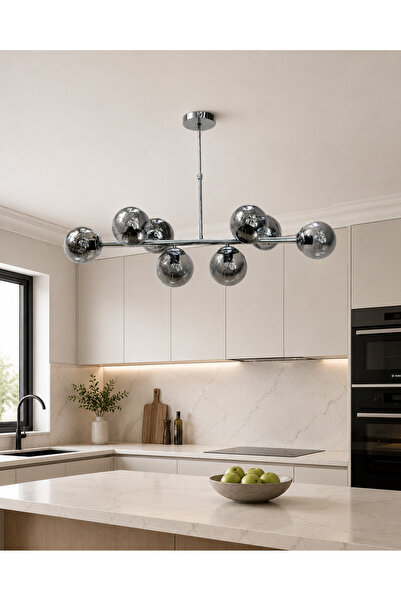 Led YENİ MODEL 100 CM 8 Lİ FÜME CAMLI AVİZE KROM RENK İTHAL KASA