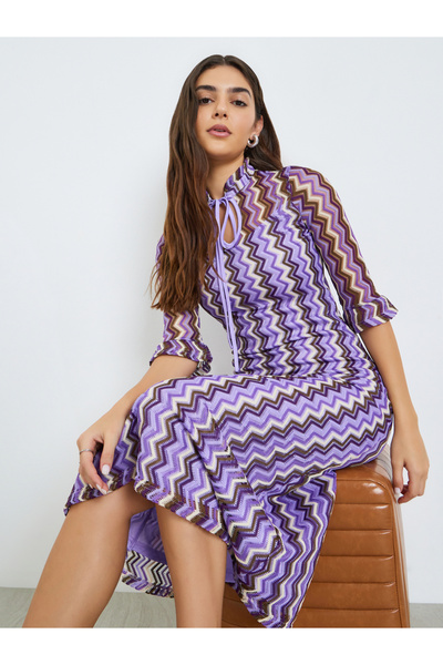 Styli Purple Chevron Knit Midi Dress with 3/4 Sleeves
