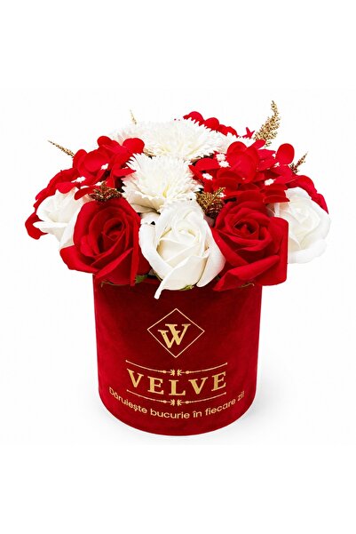 velve Aranjament floral premium in cutie de catifea rosie cu trandafiri, garo...