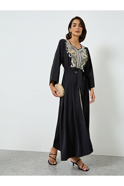 Take Two By Styli Black Embroidered Patch Maxi Dress