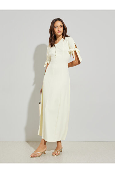 Styli Yellow Solid Maxi Dress with Tie Sleeves