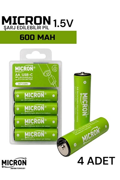 Micron AA Şarj Edilebilir Pil 1.5V 600mAh USB Type-C Girişli Kalem Pil 4’lü