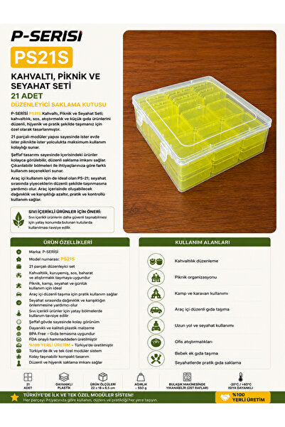 COMPAXE P-SERİSİ PS-21S Sarı şeffaf renkli Kahvaltı, Piknik ve Seyahat Seti –...