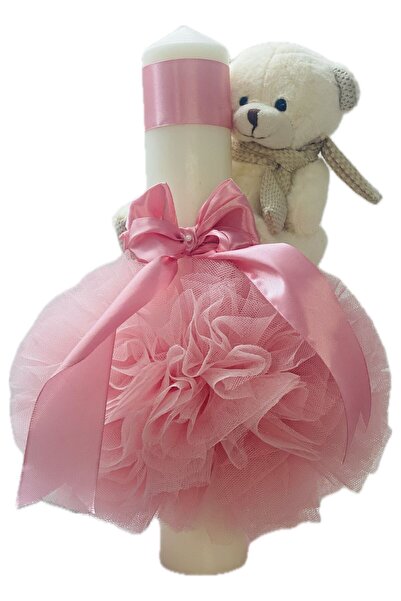 OEM Lumanare botez, decorata cu ursulet de plus si tulle