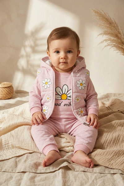 ANP MODA TASARIM Baby Girl Pink Daisy Patterned 3-Piece Set - Hooded Puffer V...
