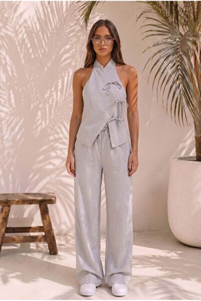HerTon Set de pantaloni cu guler halter și dungi pentru femei – Set elegant d...