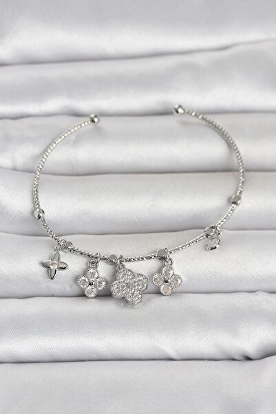 Clariss Silver Color Brass Clover Detailed Charm Women's Bracelet