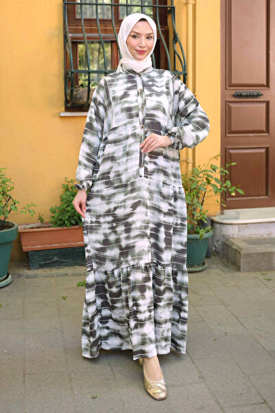 İmajButik Khaki Half Buttoned Elastic Sleeve Tie-Dye Patterned Viscose Dress
