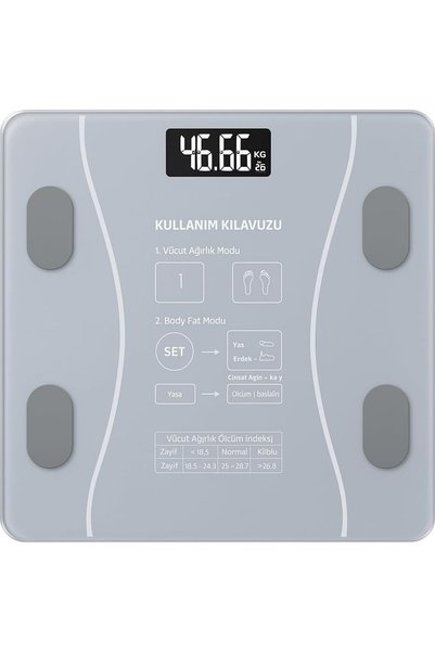Yıldızan Akıllı Bluetooth Tartı – Vücut Yağ, Kas, Su, BMI Ölçümü | & iOS Uyumlu | Uygulama Destekli | 13 Ölçü