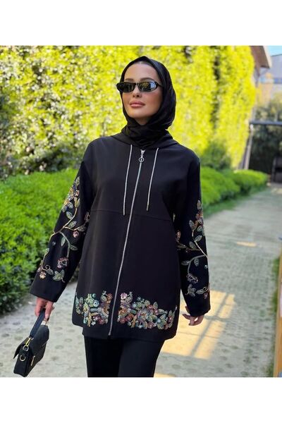 Sara Deluxe Luxury Bloom Boncuk İşlemeli Fermuarlı Kapüşonlu Tesettür Kap
