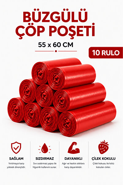 MSE HOLD Büzgülü Çöp Poşeti Çilek Kokulu 55×60 cm Orta Boy 10 Rulo Dayanıklı ...