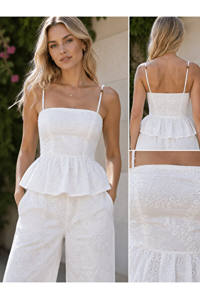 MERİDE Kadın Beyaz Nakışlı Askılı Peplum Bluz