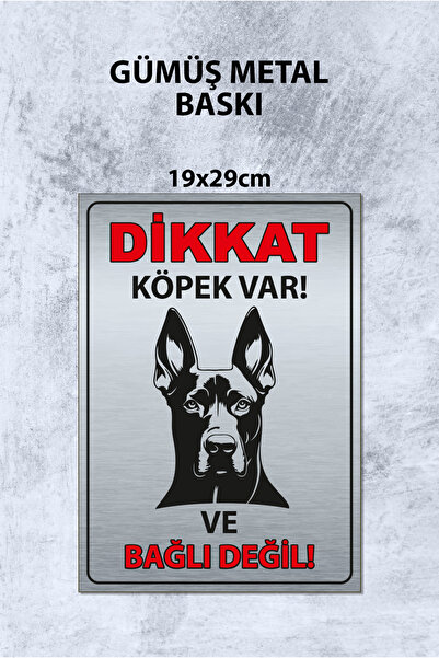 Grafiklas Dikkat Köpek Var Gümüş Metal Levha – (19x29 cm) Uyarı Tabelası Bahç...