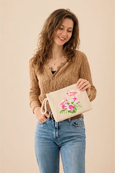 TexKid Pembe Çiçek Filamingo Tasarımlı Clutch Hediye Clutch/Makyaj/El Çantası