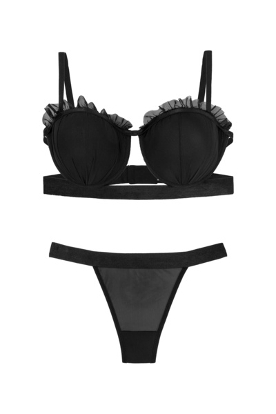 macsoo Black Women's Ruffle Detailed Tulle Bra Queen Set Camisole Padded Ling...