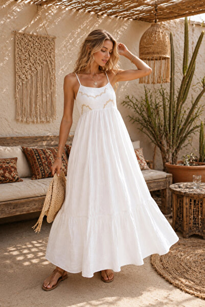 Lusin Women's White Lined Chest Patterned Strappy Gipeli Summer Bohemian Dress