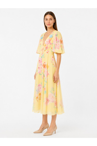 Shamouk Women's Yellow Floral Print V-Neck Butterfly Sleeve A-Line Midi Dress