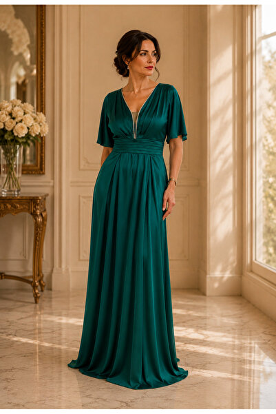 Divin store Rochie lungă verde-turcoaz din tafta cu decolteu elegant
