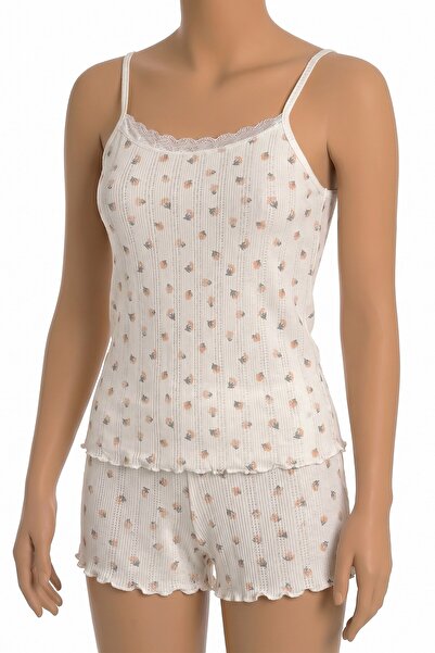 Öts Set de pijamale pentru femei, 100% bumbac, cu model floral, cu bretele, p...