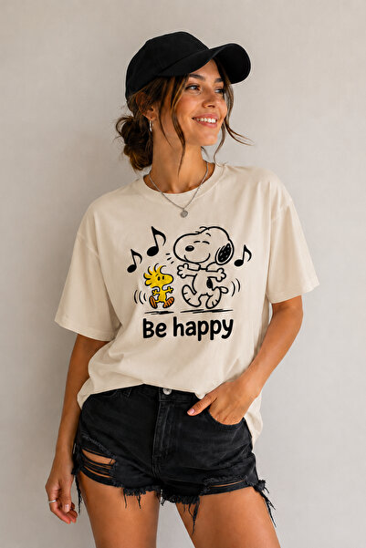 ArtYus Be Happy Printed Unisex Oversize T-Shirt – Cotton Crew Neck Casual T-S...