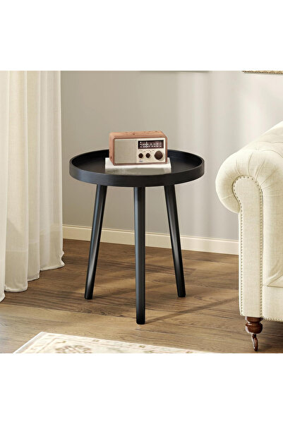 FLYPRO Round End Table, Modern Side Table with Metal Tray & Wooden Legs, Smal...