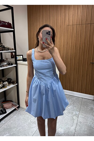 ÖzenButik Kalın Askılı Mini Elbise Mavi