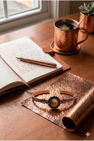 DOĞA KUTUSU Citrine Natural Stone Vintage Women's Copper Bracelet for Twins, Leo and Aries Zodiac Signs