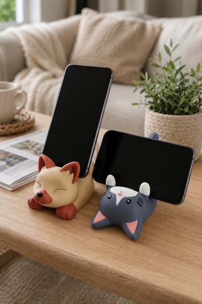 MYCRAFT3D 2'li Set Kedi Figürlü Telefon Tutucu Stand - 3D Baskı Ofis Masaüstü...
