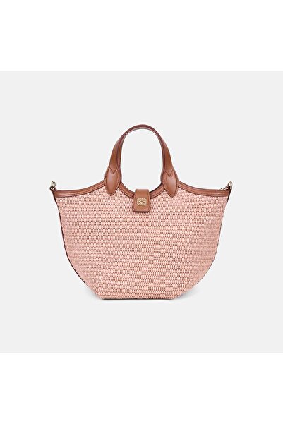 Desa Women's Salmon Leather Detailed Straw Handbag