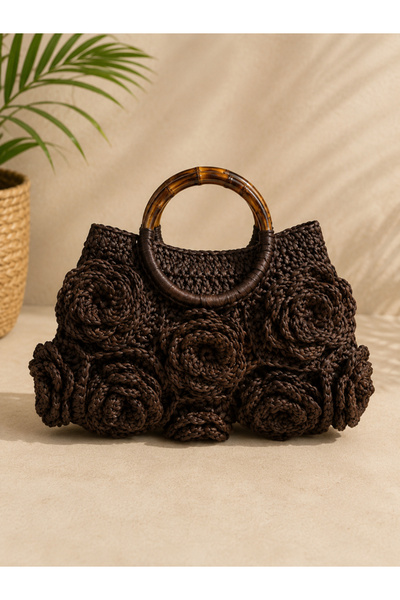 Marca Accessories El Yapımı Çiçek Detaylı Hasır Çanta