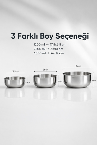 Vienev 3'lü Paslanmaz Çelik Karıştırma Kabı Seti - 1200-2500-4000 ml Metal Kase Takımı